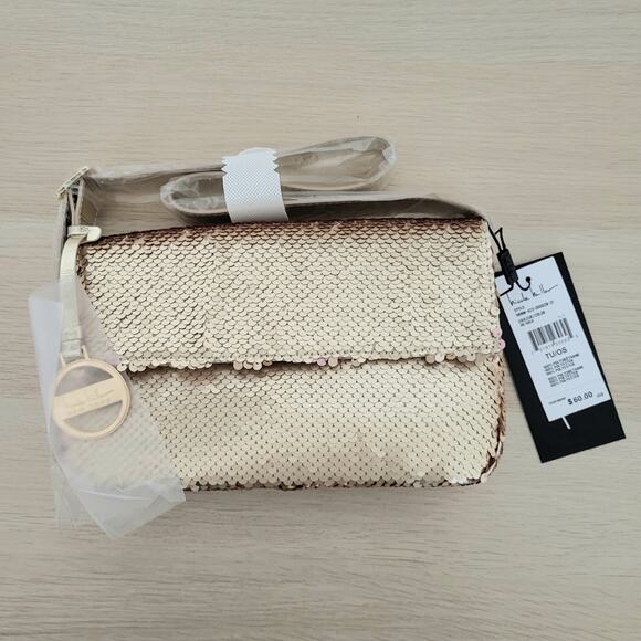 Nicole Miller Gold Sequin Shoulder Bag Purse Small Fold Over Snap Closure Party - Picture 1 of 5